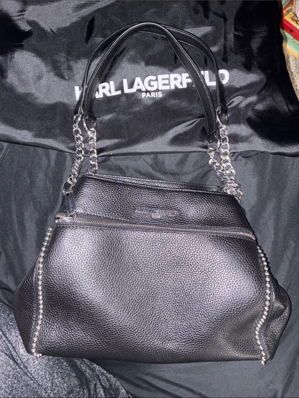 Karl Lagerfeld Black Pebbled Leather Shoulder Bag with Silver Chain Straps